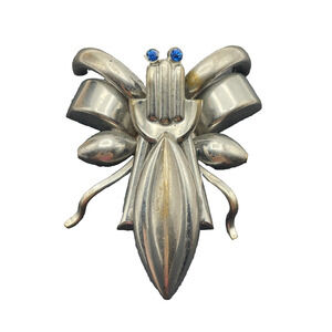 Insect Bug Fur Clip 2.25" Brooch Blue Rhinestone Eyes Silver Tone Metal Unsigned